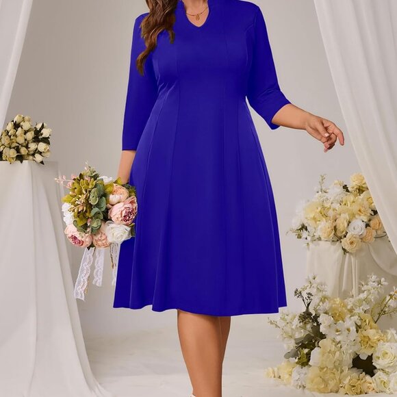 Plus Size V-Neck Midi Dress for Curvy Women Polyester-Blend Casual - Picture 3 of 6